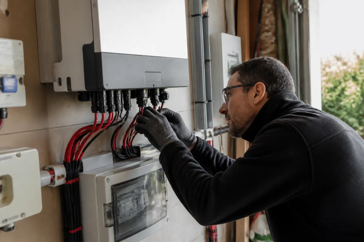 Technicien vérifiant un onduleur dans une installation solaire Hello Watt