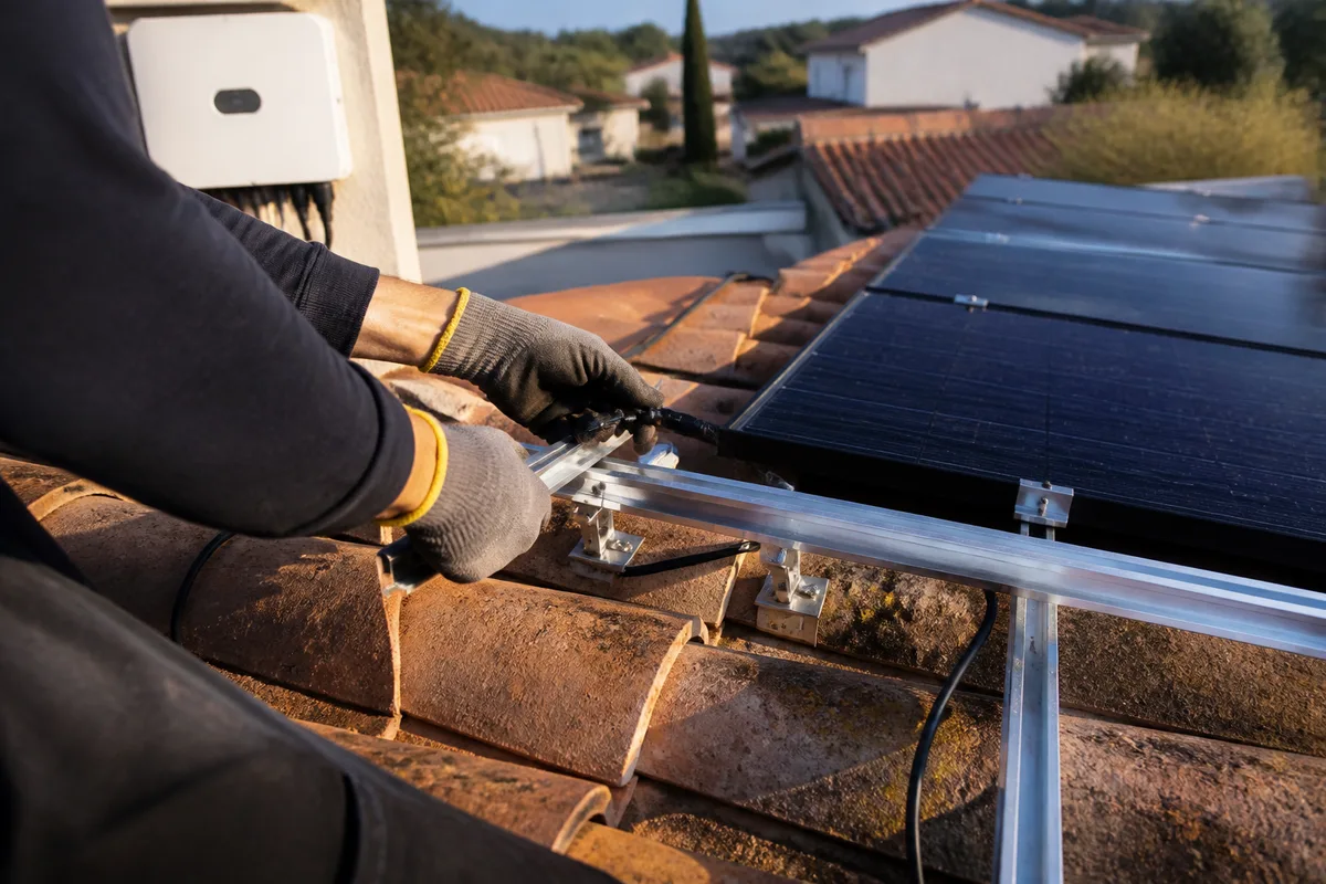 Pose de panneaux photovoltaïques UpWatt sur une toiture résidentielle avec fixation et câblage visibles