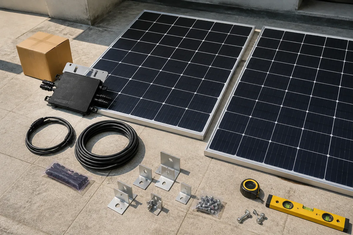 Kit solaire pas cher avec panneaux, micro-onduleur, câbles et fixations métalliques sur un sol de chantier