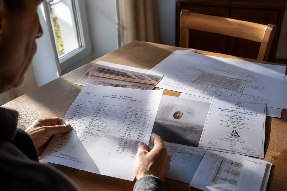 Vérification d’un devis et de documents pour une installation de panneaux solaires