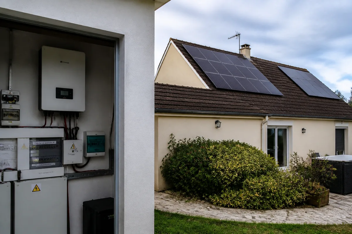 Toiture résidentielle équipée de panneaux photovoltaïques et d’un onduleur