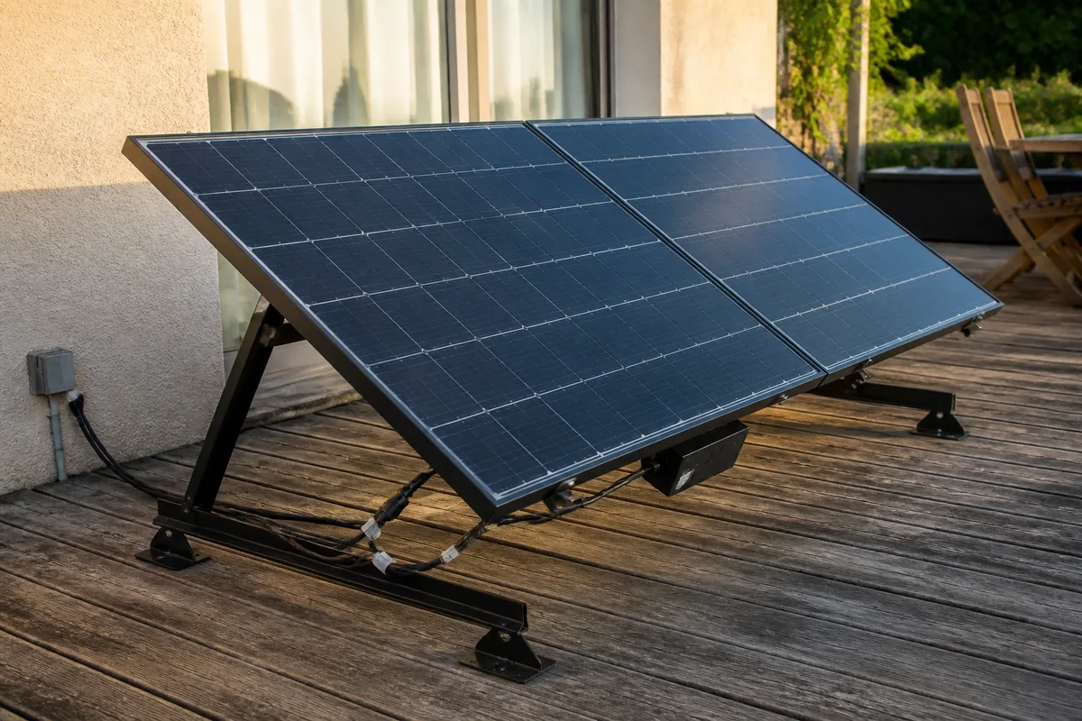 Kit solaire prêt à poser sur une terrasse avec micro-onduleur et câbles visibles