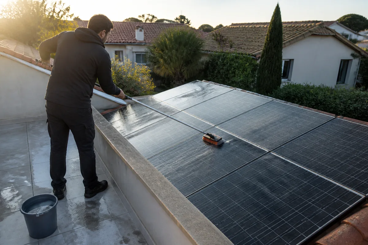 Nettoyage de panneaux solaires photovoltaïques avec un balai télescopique depuis une zone sécurisée