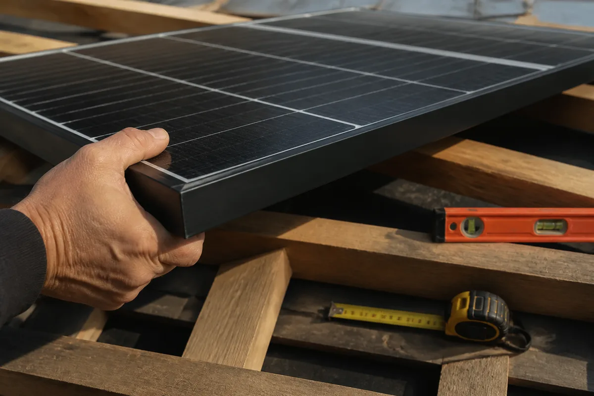 Mesure d’un panneau photovoltaïque sur une toiture en bois pour vérifier la puissance et la surface disponibles