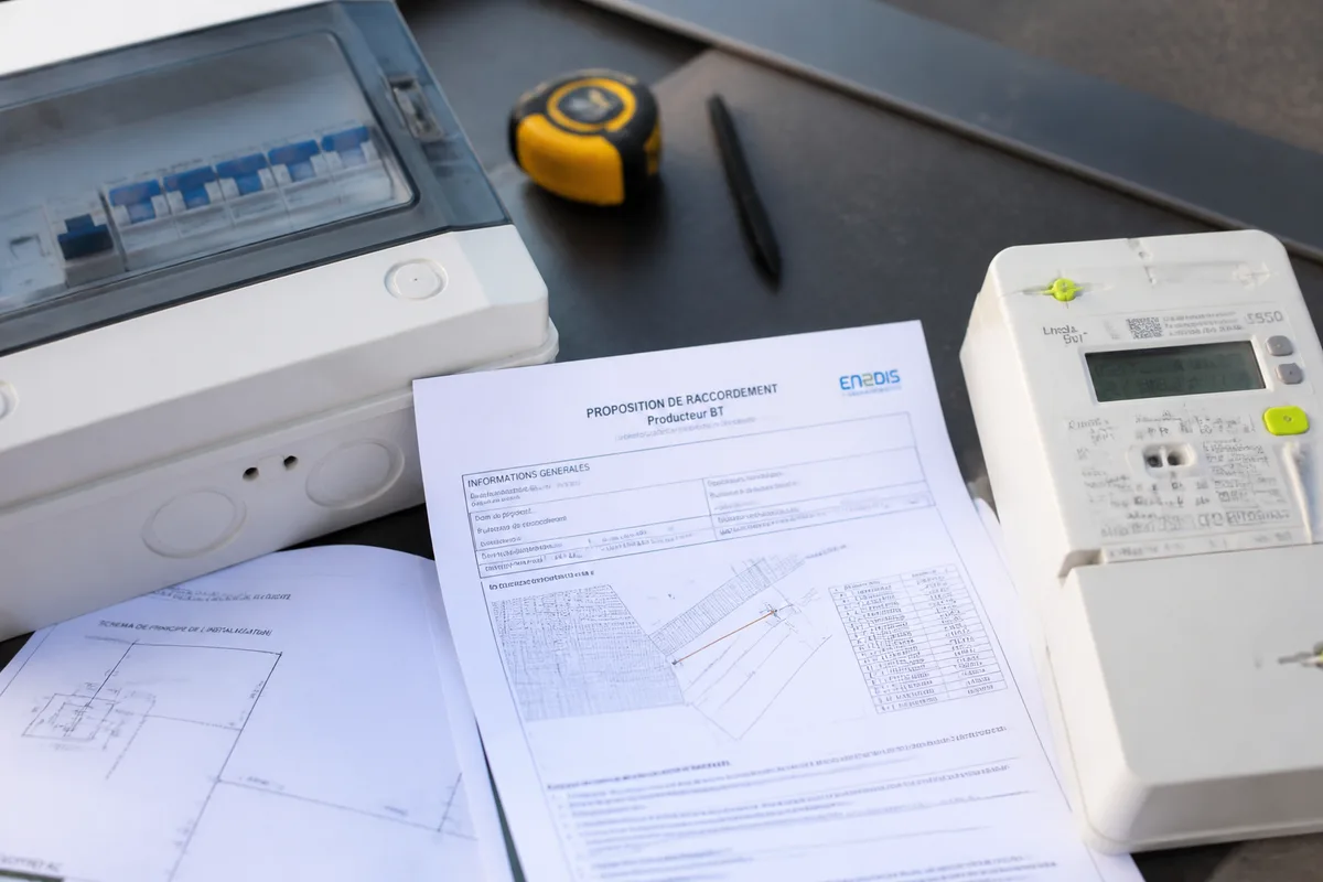 Dossier de raccordement photovoltaïque posé près d'un coffret électrique et d'un compteur communicant