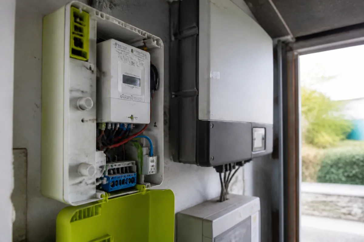 Compteur Linky et onduleur photovoltaïque dans un local technique pour le raccordement solaire