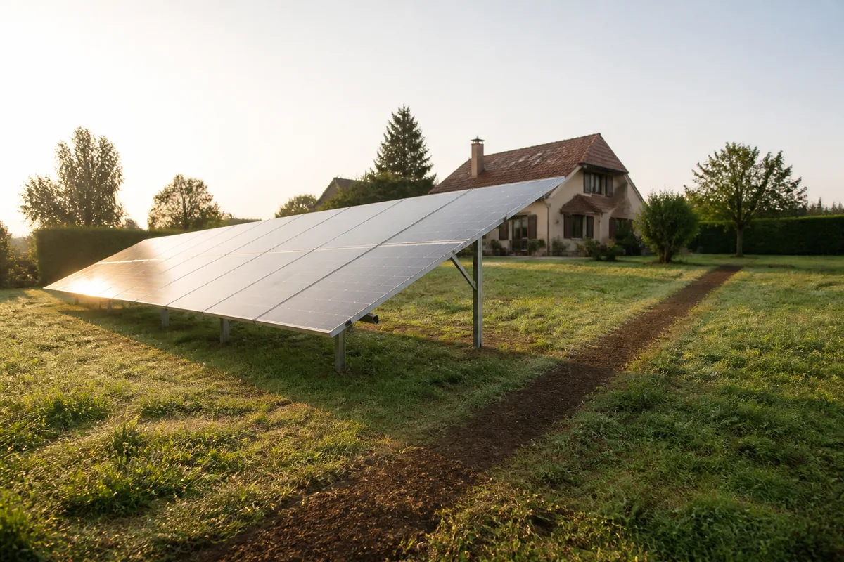 Installation solaire au sol sur terrain herbeux devant une maison avec câbles enterrés
