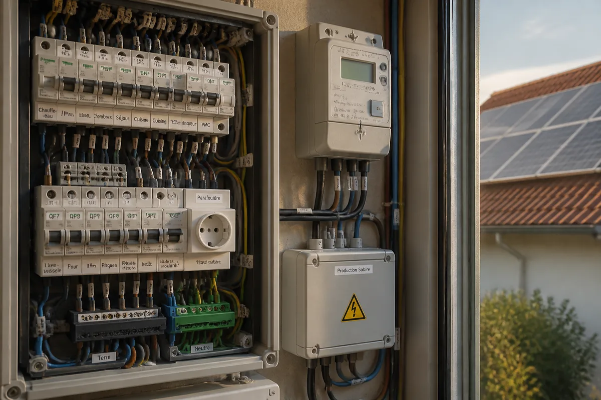 Tableau électrique et compteur de production solaire reliés à une installation photovoltaïque résidentielle